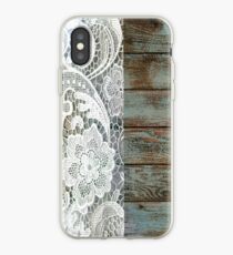 Western Country distressed blue Barn Wood white Lace iPhone Case