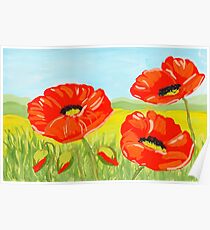 Red watercolor poppy flower on the field Poster