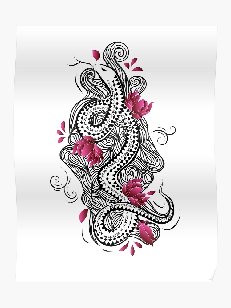 Conception De Tatouage De Style Chinois Avec Serpent Fleurs Et Vagues Poster