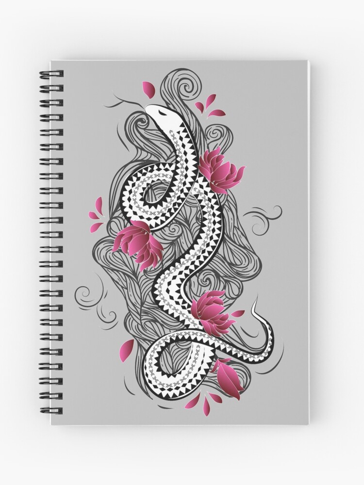 Conception De Tatouage De Style Chinois Avec Serpent Fleurs Et Vagues Cahier à Spirale