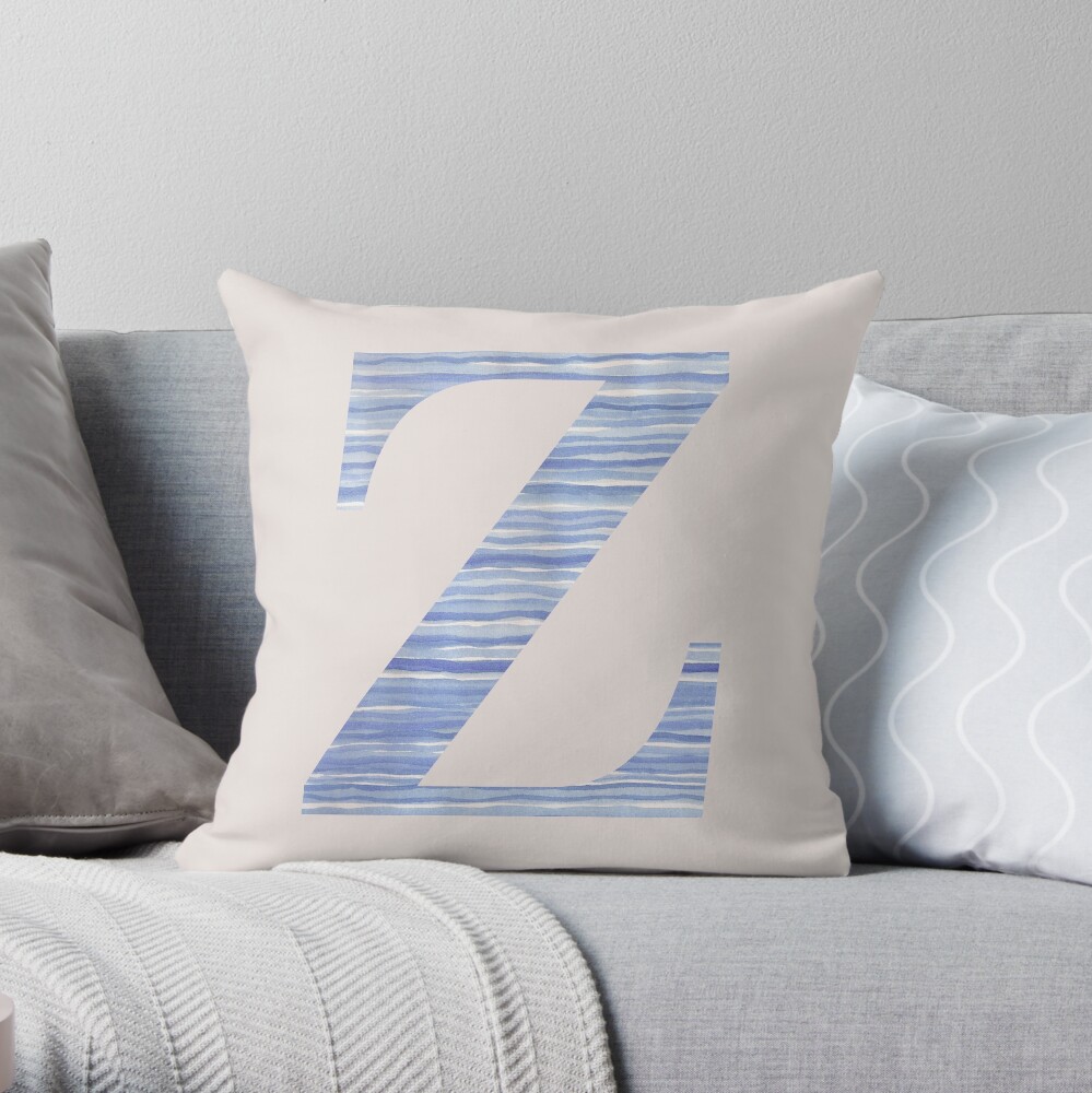 Letter Z Blue Watercolor Stripes Monogram Initial Throw Pillow