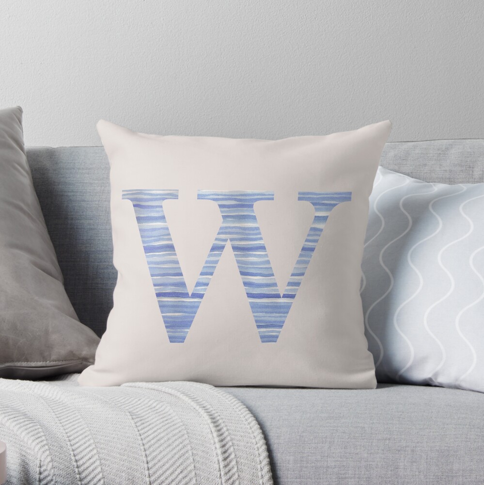 Letter W Blue Watercolor Stripes Monogram Initial Throw Pillow