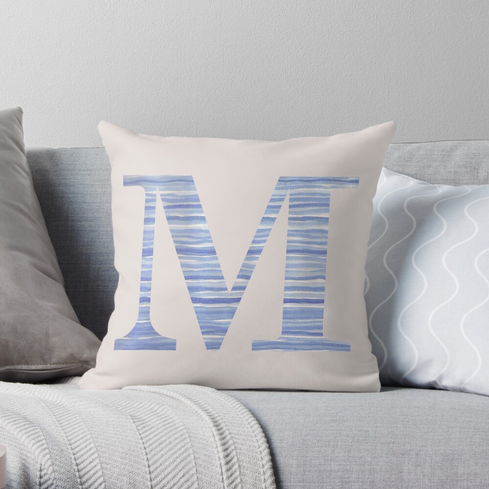 Letter M Blue Watercolor Stripes Monogram Initial Throw Pillow