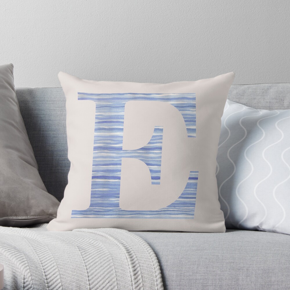 Letter E Blue Watercolor Stripes Monogram Initial Throw Pillow