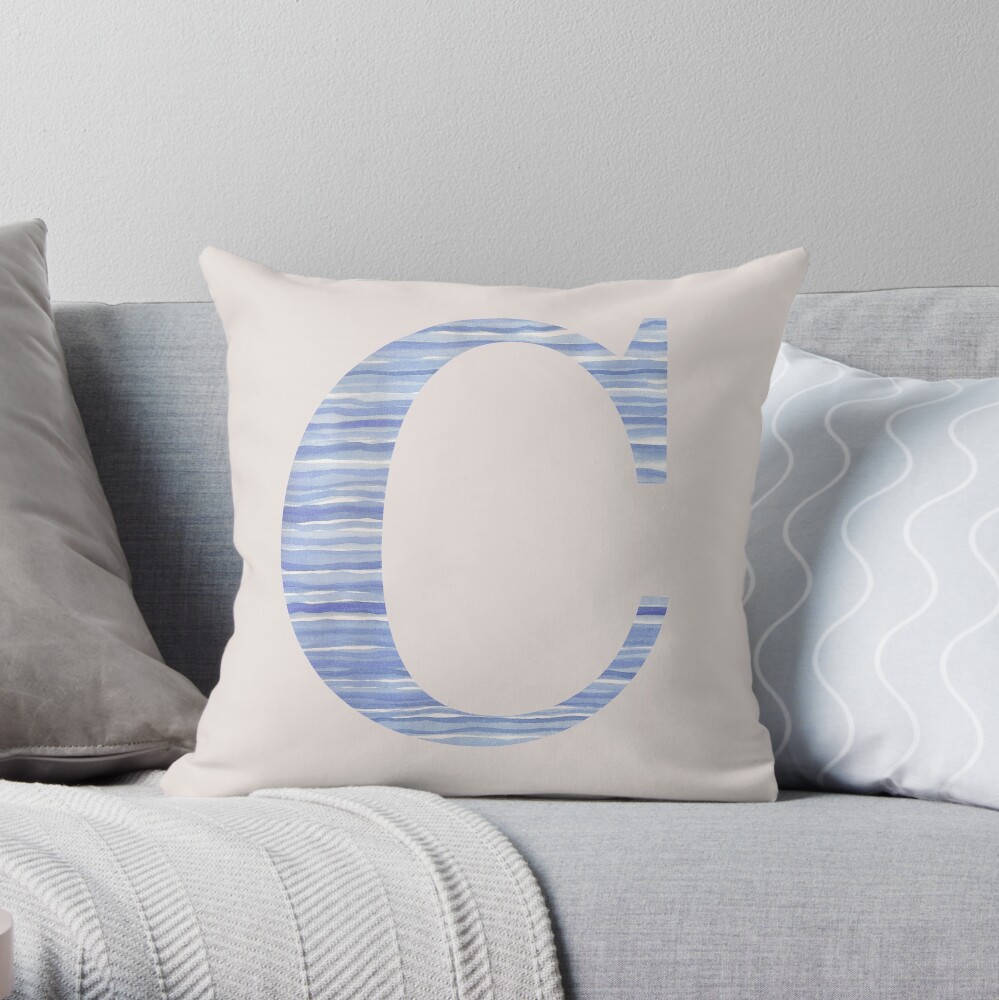 Letter C Blue Watercolor Stripes Monogram Initial Throw Pillow