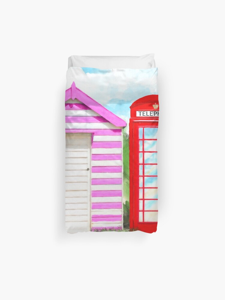 Britain In The Summer Red Telephone Box Pink Beach Hut Duvet