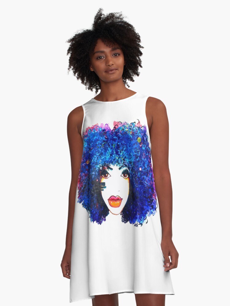 Blue Afro Curly Hair Girl Brown Eyes Natural Hair Queen A Line