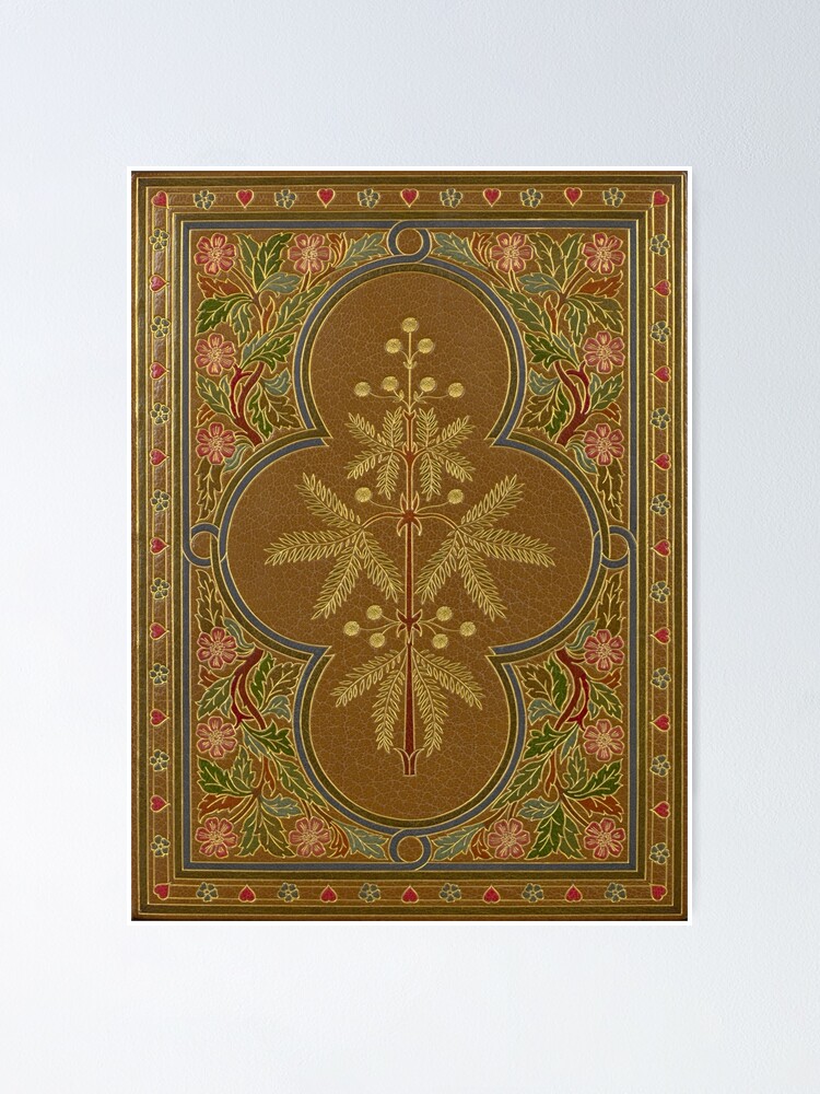 "Brown embossed leather book cover with gold and colored inlay floral