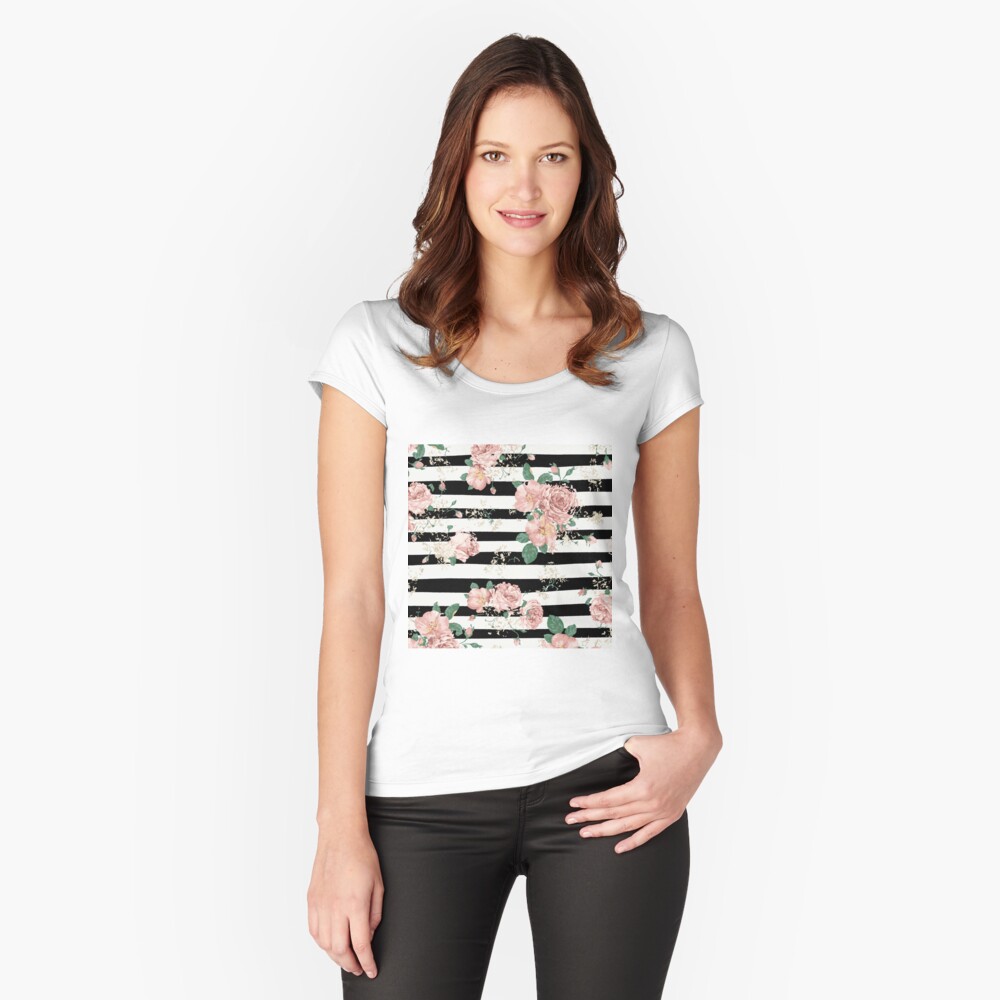 VINTAGE FLORAL ROSES BLACK AND WHITE STRIPES Fitted Scoop T-Shirt