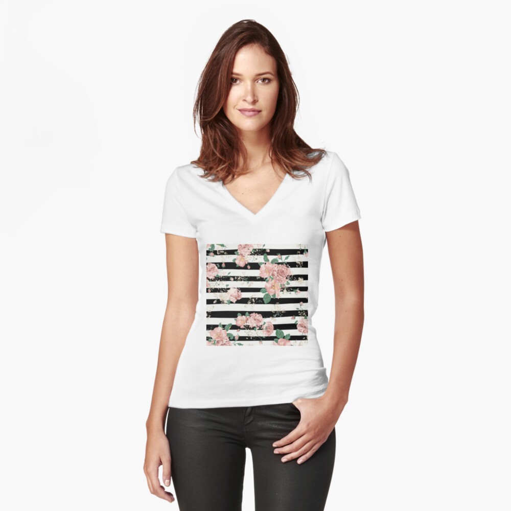 VINTAGE FLORAL ROSES BLACK AND WHITE STRIPES Fitted V-Neck T-Shirt