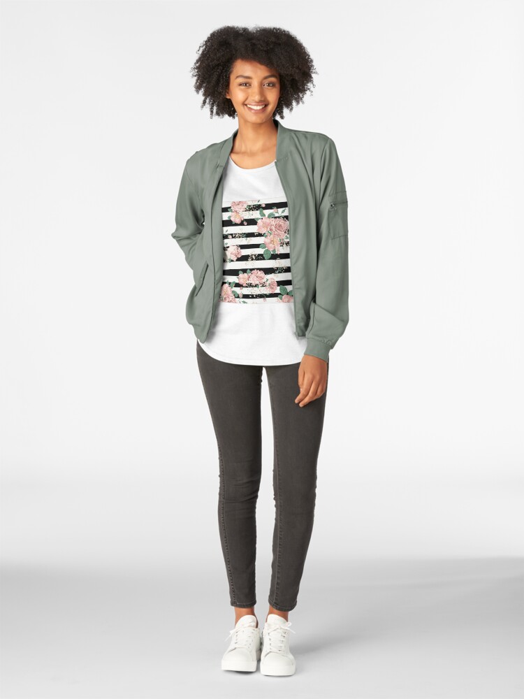 Alternate view of VINTAGE FLORAL ROSES BLACK AND WHITE STRIPES Premium Scoop T-Shirt