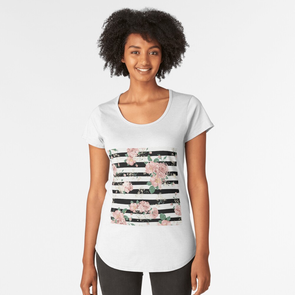 VINTAGE FLORAL ROSES BLACK AND WHITE STRIPES Premium Scoop T-Shirt