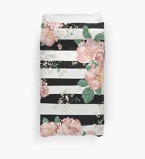 VINTAGE FLORAL ROSES SCHWARZWEISS STREIFEN Bettbezug