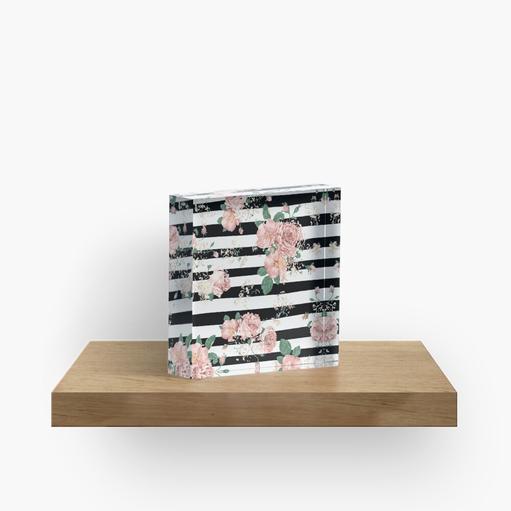 VINTAGE FLORAL ROSES BLACK AND WHITE STRIPES Acrylic Block