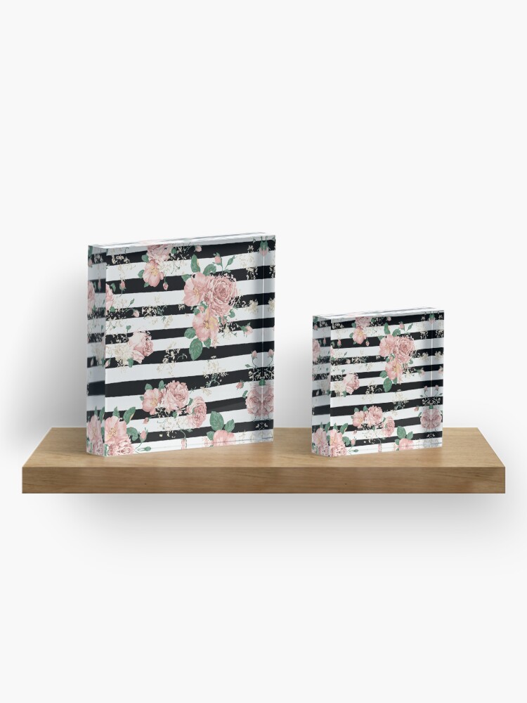 Alternate view of VINTAGE FLORAL ROSES BLACK AND WHITE STRIPES Acrylic Block