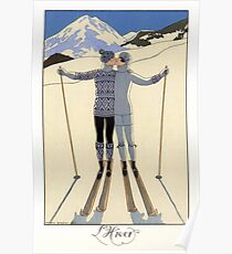 Skiing Winter kissing couple fashion illustration Poster
