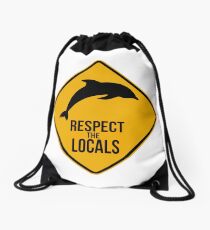 Respect the dolphins - Caution sign Drawstring Bag