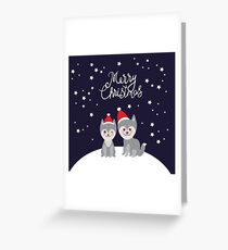 Merry Christmas New Year's card design funny gray husky dog in red hat, Kawaii face with large eyes and pink cheeks, boy and girl on darck blue background Greeting Card