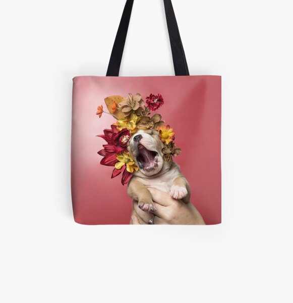 Flower Power, Luvable puppy All Over Print Tote Bag