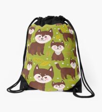 pattern funny brown husky dog and leaves, Kawaii face with large eyes and pink cheeks, boy and girl on green background. Drawstring Bag