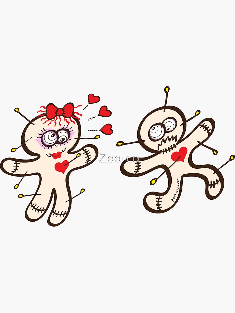 “Male voodoo doll running from a female in love” Sticker by Zoo-co