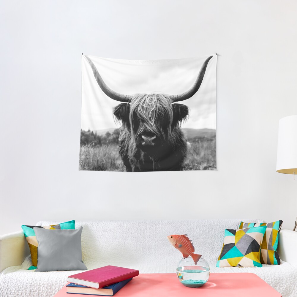 Scottish Highland Cattle - Black and White Animal Photography Tapestry