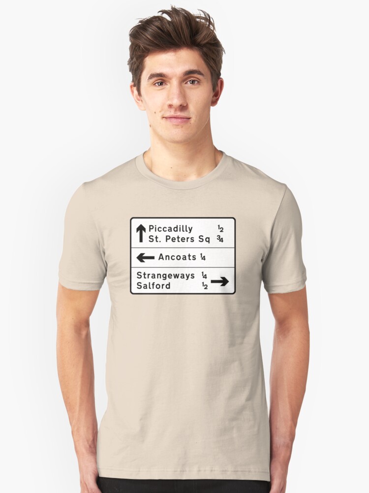 Alternate view of Manchester street sign, roads to Ancoats, Piccadilly, etc. Slim Fit T-Shirt