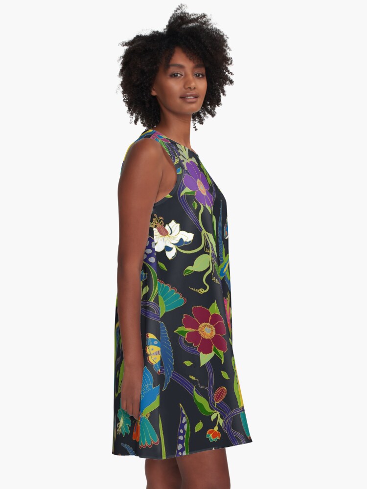 Alternate view of Hummingbirds and Passionflowers - Cloisonne on Black - pretty floral bird pattern by Cecca Designs A-Line Dress