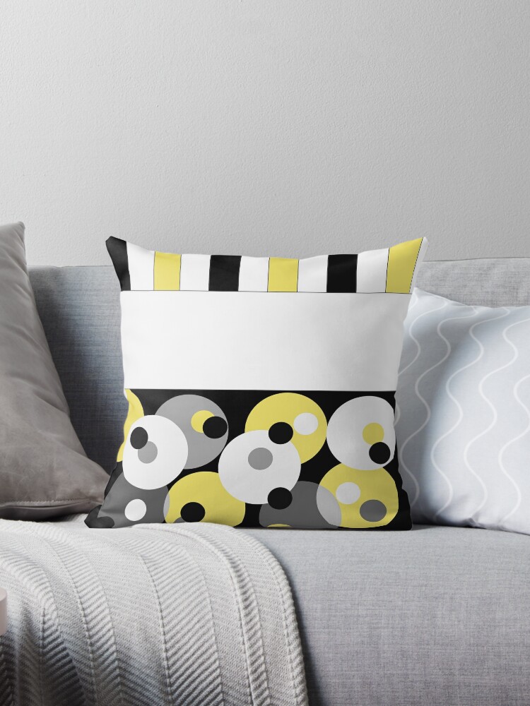 Black White Yellow And Gray Dots And Stripes Throw Pillow By