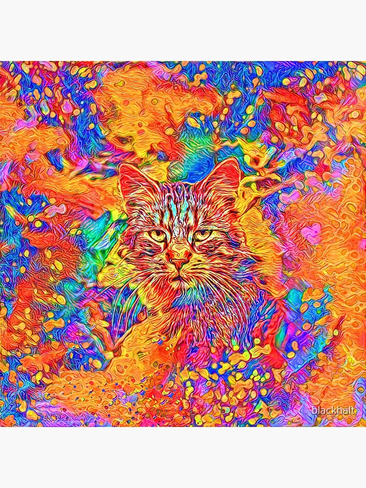 A colorful dramatic Cat is sitting on a colorful quilt by blackhalt