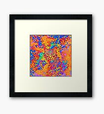 A colorful dramatic Cat is sitting on a colorful quilt Framed Print