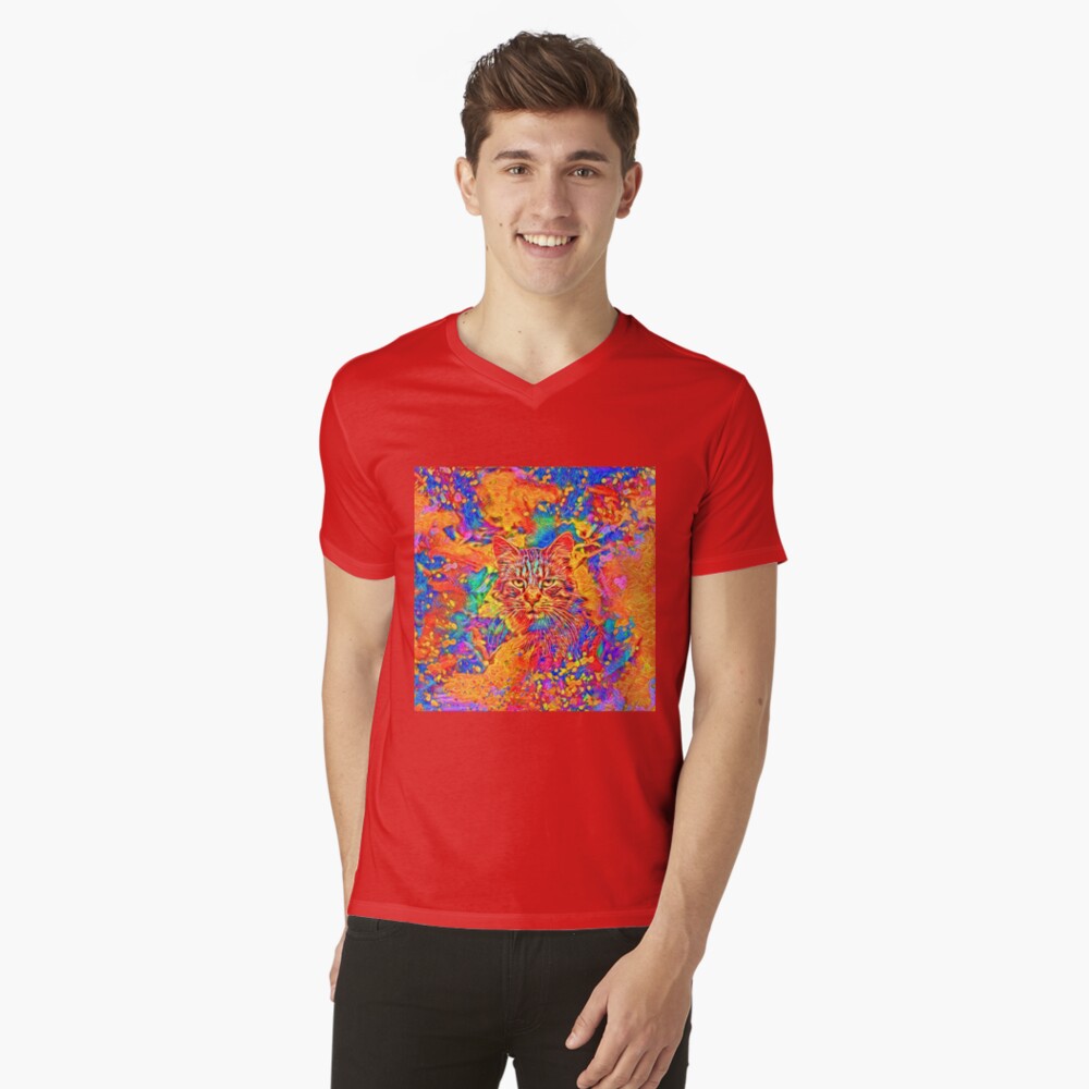 A colorful dramatic Cat is sitting on a colorful quilt V-Neck T-Shirt