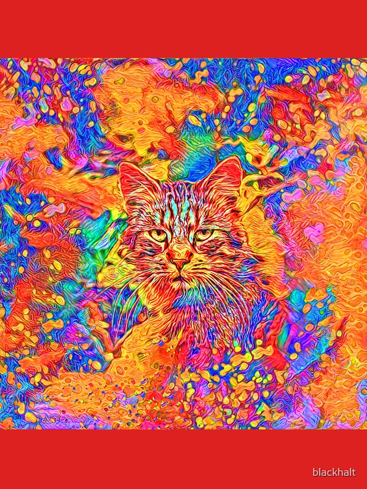 A colorful dramatic Cat is sitting on a colorful quilt by blackhalt