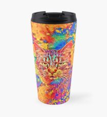 A colorful dramatic Cat is sitting on a colorful quilt Travel Mug