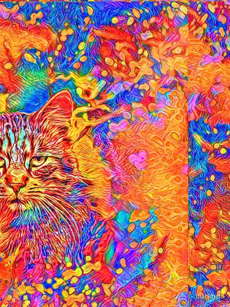 A colorful dramatic Cat is sitting on a colorful quilt by blackhalt