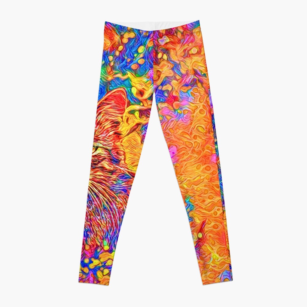 A colorful dramatic Cat is sitting on a colorful quilt Leggings