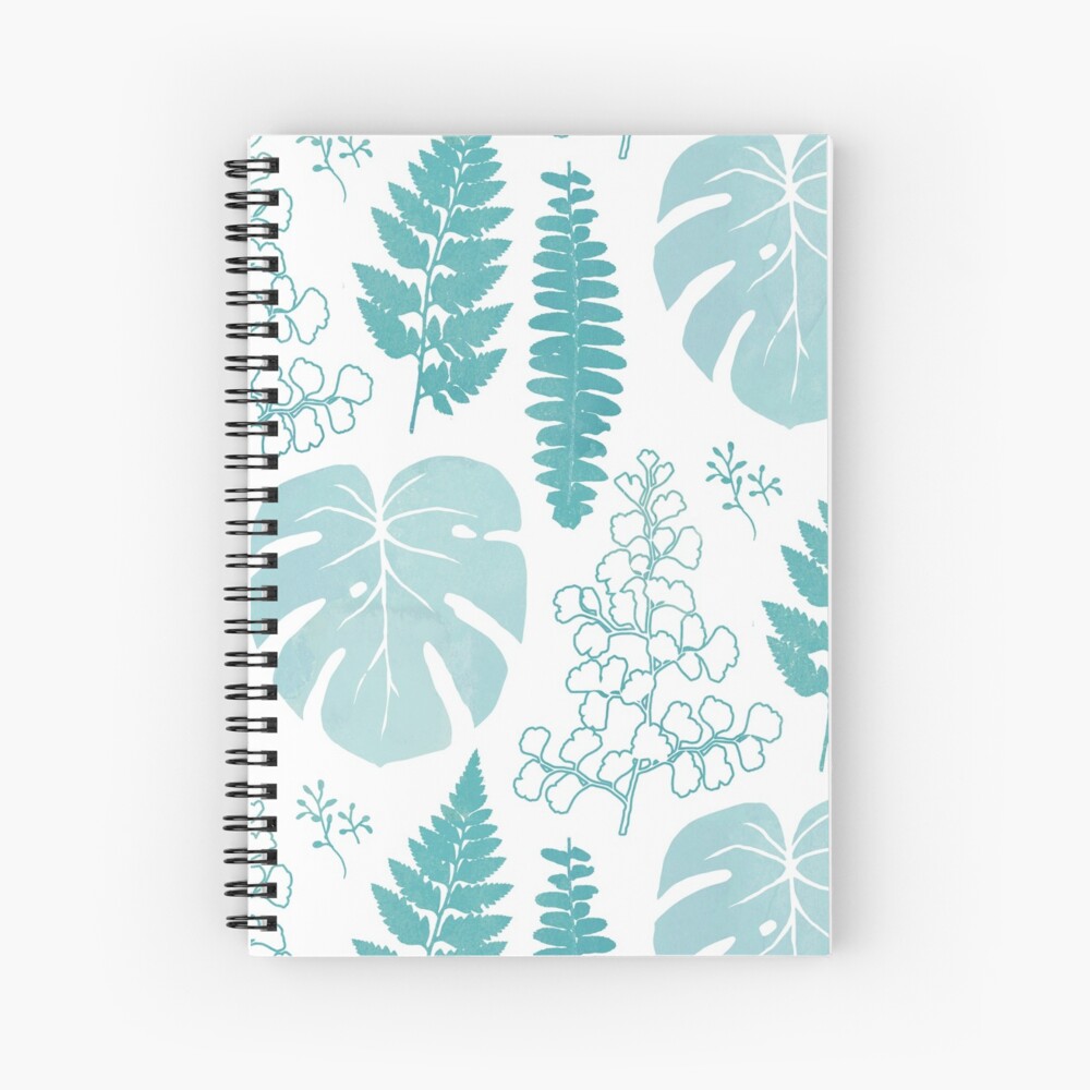 Turquoise tropical leaves on white Spiral Notebook