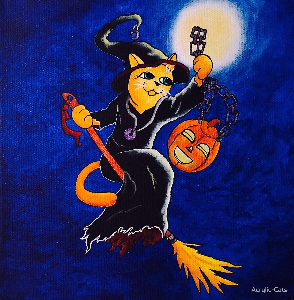 "Cute Halloween Cat Night Witch Cat" by Acrylic-Cats | Redbubble