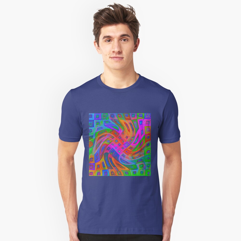 A blue and white striped tie on a white bed Slim Fit T-Shirt