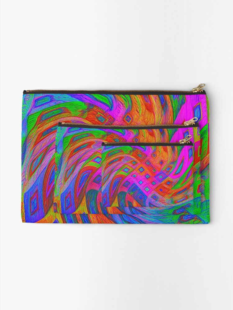 Alternate view of A blue and white striped tie on a white bed Zipper Pouch