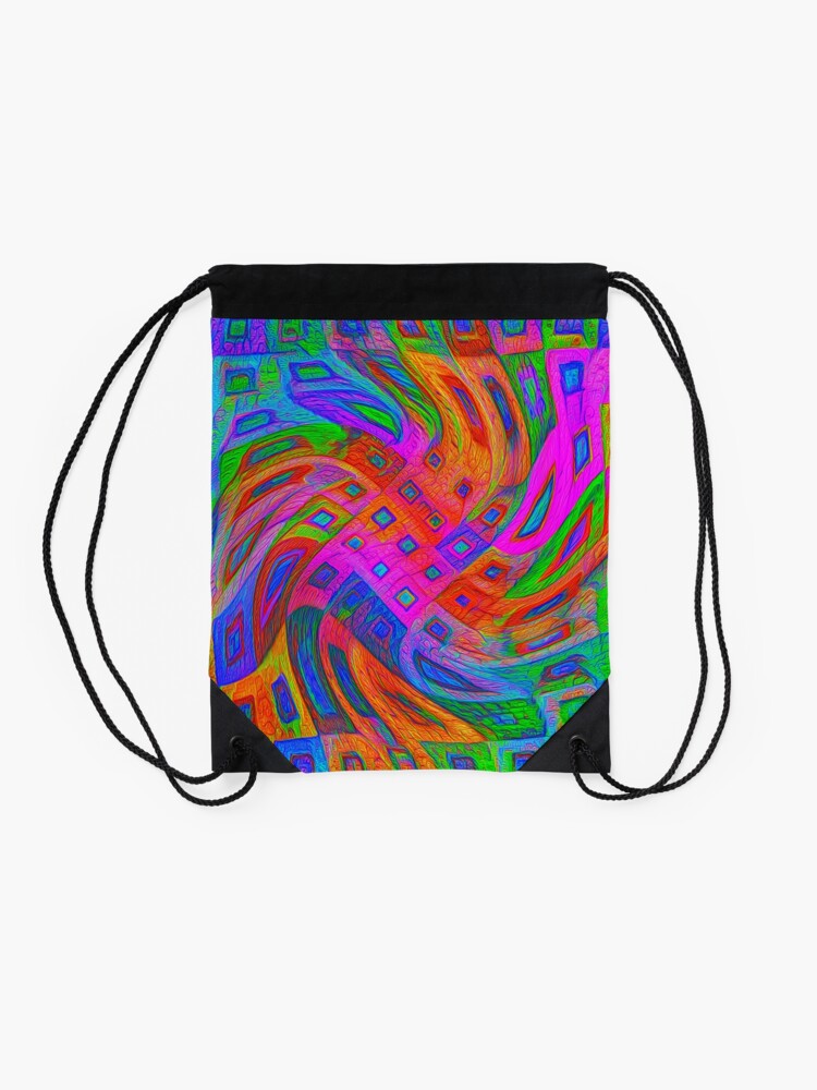 Alternate view of A blue and white striped tie on a white bed Drawstring Bag
