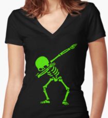 Dabbing Skeleton Green Women's Fitted V-Neck T-Shirt