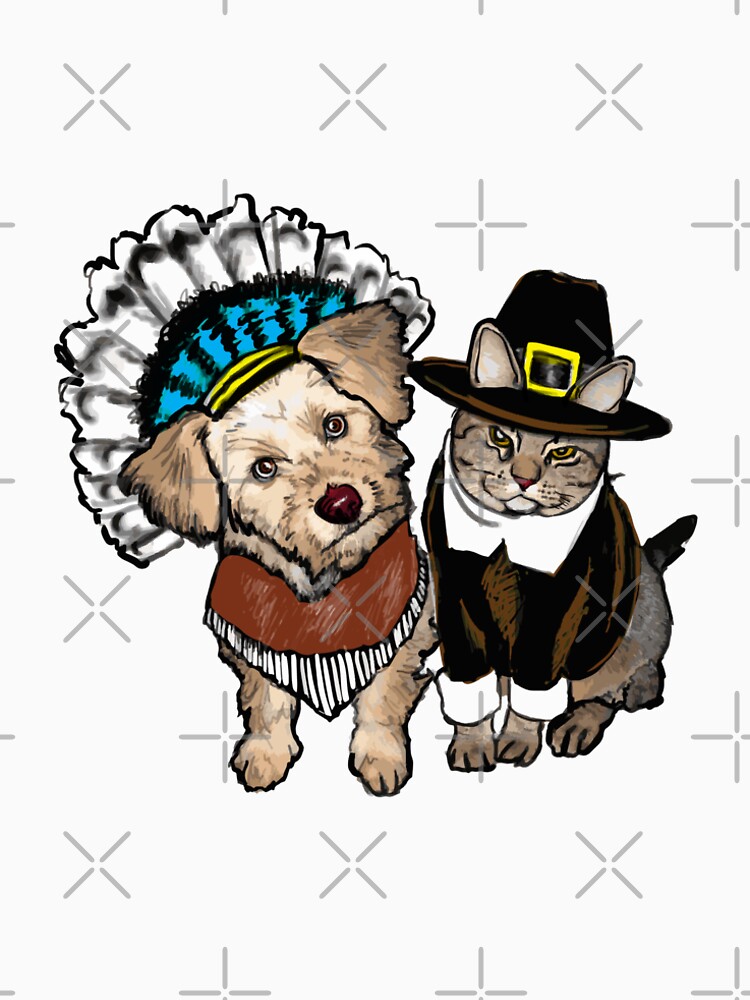 "Cute Cat And Dog Happy Thanksgiving Pilgrims Natives" Tshirt by