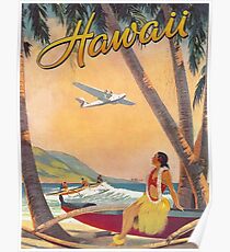 Hula girl is looking the airplane at Hawaii beach Poster
