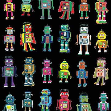 Artwork thumbnail, Robot Line-up on Black - fun pattern by Cecca Designs by Cecca-Designs