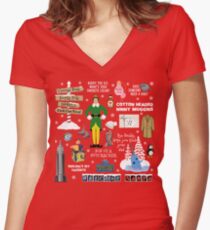 Buddy the Elf collage, Red background Women's Fitted V-Neck T-Shirt
