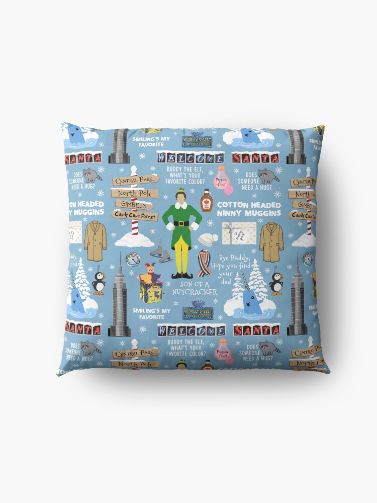 Alternate view of Buddy the Elf collage, Blue background Floor Pillow