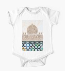 Carved Muslim inscription and tilework in the Alhambra, Granada, Spain One Piece - Short Sleeve