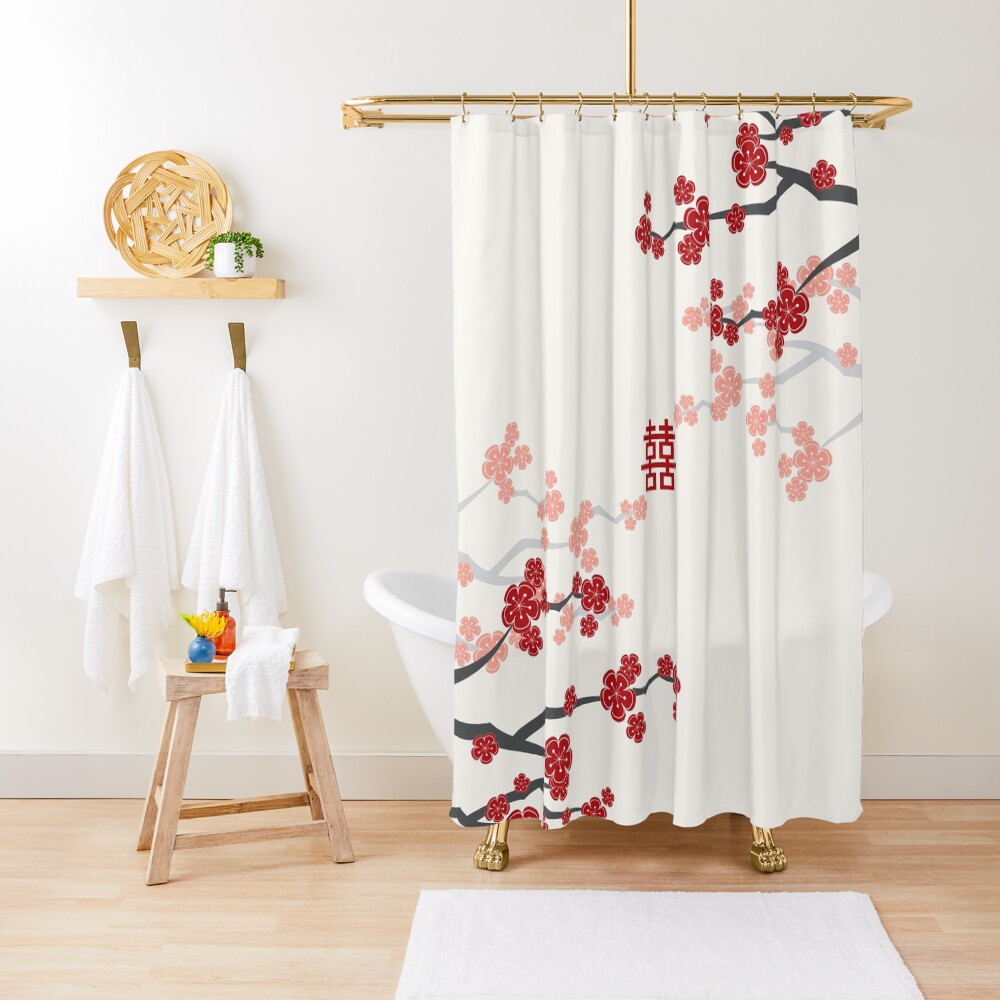 Red Oriental Cherry Blossoms on Ivory and Chinese Wedding Double Happiness | Japanese Sakura Shower Curtain