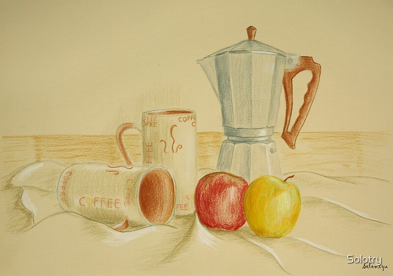 "Still life with coffee cups and apples" by Solotry Redbubble